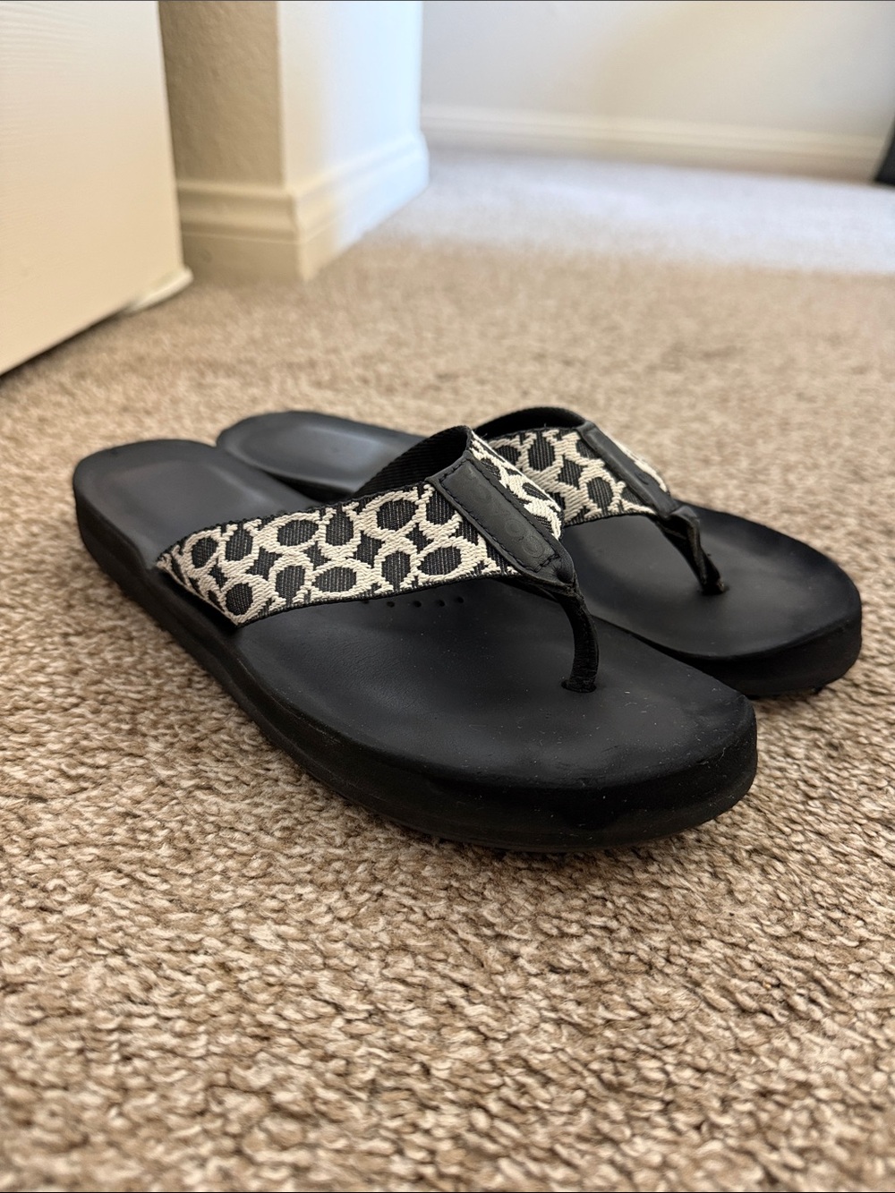 Coach Black Flip Flop Sandals with White Patterned Straps